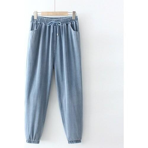 Womens All Matching Light Denim Pants Elastic Waist Slim Jeans