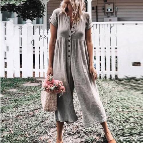 Cotton Linen Jumpsuit Women High Waist Loose Long Rompers Button Short Sleeve Solid Casual Jumpsuit Summer 2021 New