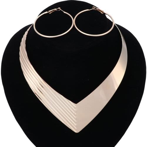 Gold Silver Plated Choker Necklaces Torques Fashion Jewelry Set Collar 316L Stainless Steel Women Choker Necklaces Earring