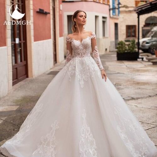 Aedmgh Princess Ball Gown Wedding Dresses 2021 V-Neck Long Sleeve Court Train Robe De Mariage Gorgeous Appliques Bridal Gowns