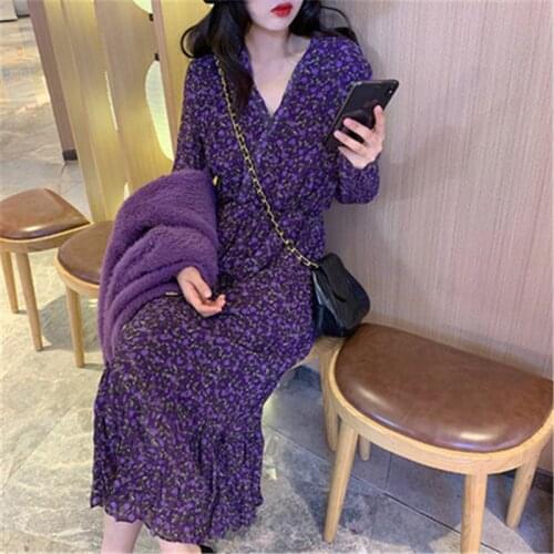 Spring Autumn Purple Floral Long Chiffon Bottoming Dress Womens Vintage Retro V-neck High Waist fairy Skirt Korean Style W221