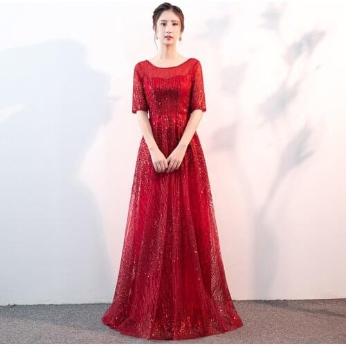 Sequins Simple O-Neck Evening Dress Short Sleeves Zipper Back A-Line Elegant Pleat Floor-Length Woman Formal Party Gowns A1327