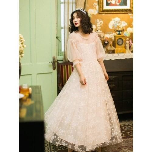 Design Spring Original Summer Women Vintage Elegant Slim Dresses Lady Romantic Sweet Lolita Embroidery Mesh Long Dress