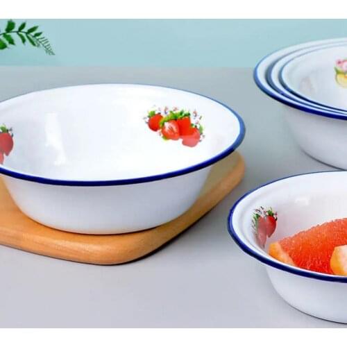 1 Classic Enamel Soup Bowl Enamel Washable Nostalgic Fruit Pattern Soup Basin Large-Capacity Household Kitchen Tableware
