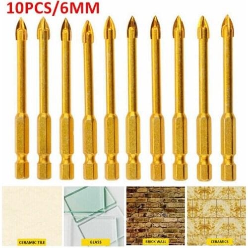10pcs 6mm Glass Drill Bits Titanium Ceramic Tile Marble Hex Shank Glass Drill Bit Carbide Wall Hole Cutter Power Tools Accessori