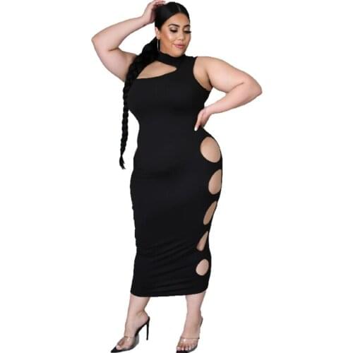 2021 Plus Size Dress Sleeveless Hollow Elegant Party Sexy Club Suit Summer Black Dress Casual Irregular Hole Solid Color Dress