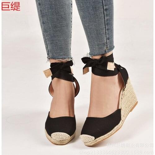 2021 Hemp Rope Wedge Heel Sandals Cross with Denim Lace Shoes Casual Fisherman Shoes Female