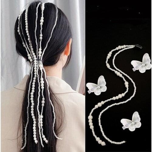 Butterfly Simulated Pearl Long Tassel Chain Hair Clip Barrette Bridal Wedding Hair Braid Dreadlocks Bead Women Party Accessories