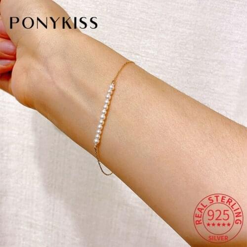 PONYKISS Real 925 Sterling Silver Minimlist Row Of Pearls 14K Gold Bracelets For Women Lovely Fine Jewelry Gift Drop Shipping