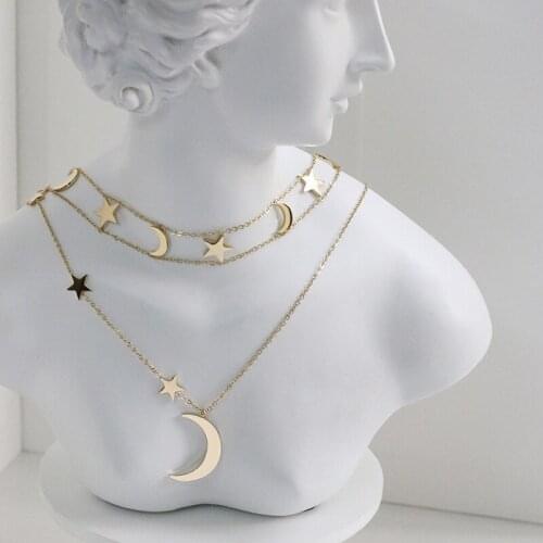 YUN RUO 2021 18 K Gold Plated Star Moon Double Necklace Choker Sets Woman Jewelry Fashion 316 Titanium Steel Accessory Not Fade