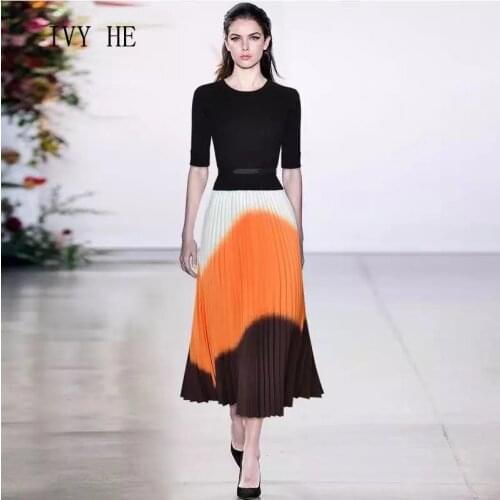 IVY HE Early Autumn Elegant Show Thin Knitting Stitching Contrast Commuter Temperament Pleated Dress For Women 2021