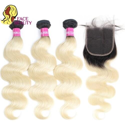 Facebeauty 1B/613 Blonde Ombre Two Tone Dark Roots 3/4 Brazilian Body Wave Remy Human Hair Weave Bundles with 4x4 Lace Closure
