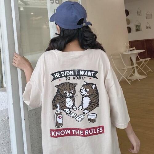 Cotton kitten cartoon mid-length short-sleeved t-shirt women 2020 summer Fashion Casual loose womens top womens clothing