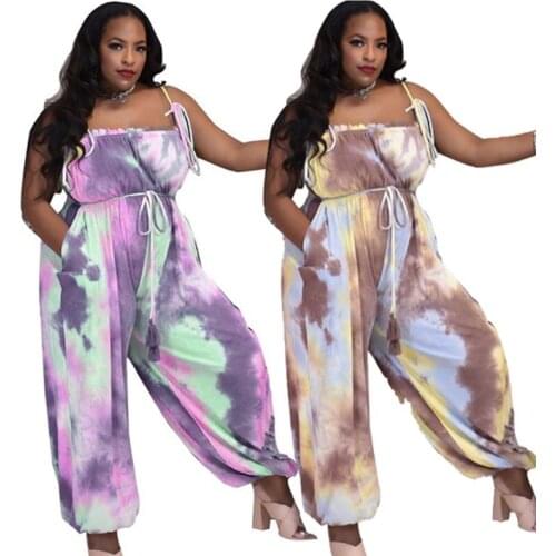 Romper Plus Size Women Clothing Wholesale Items Tie Dye Print Strapless Jumpsuits Lace Up Wide Leg One Piece Outfit Dropshipping