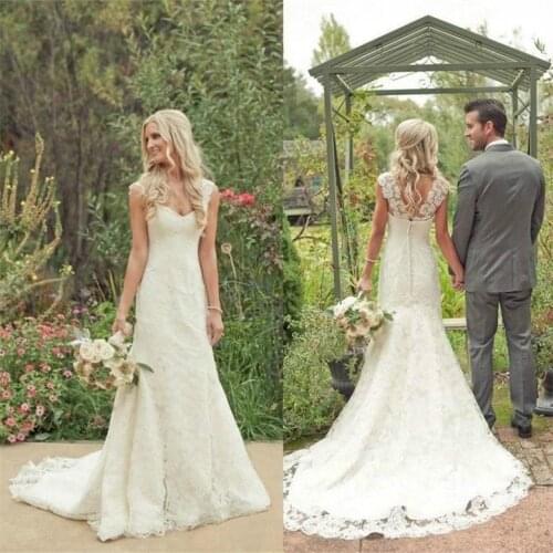 Spring Lace Wedding Dresses Mermaid Court Train Sheer Straps Backless Vintage Plus Size Garden Bridal Gowns