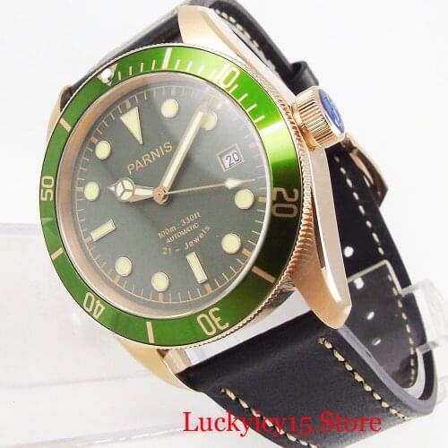 PARNIS 41mm Classic Men Watch Sapphire Crystal Date Window Automatic Movement Gold Plated Case Luminous Marks Leather Strap