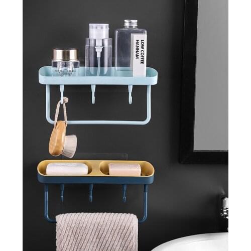 Bathroom Shelf Wall Mounted Punch-free Towel Storage Rack Creative Double Soap Box Makeup Sundries Holder Bathroom Organizer