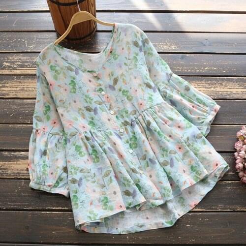 Summer New 2020 Loose Leisure Print O-neck Button Lantern Sleeve Doll Shirt Simple Comfortable All-match Fashion Women Tops