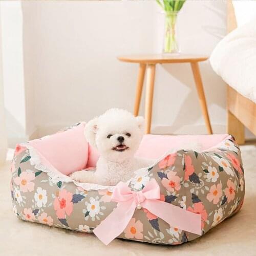 New pet cat dog square beds and houses Floral bow princess style Four seasons Cat litter small medium dog couch dog accessories