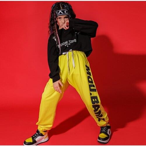 Ropa de hip-hop para niños, sudaderas negras, pantalones cortos, pantalones de manga larga para niñas, Ropa de baile de jazz