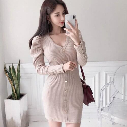 Autumn Sexy V-neck Knit Dress 2021 Womens Puff Sleeve Single-breasted Party Tight Dress Vestidos De Mujer Casual