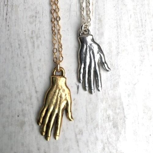 Hand Necklace Amulet Pendant Gold Hand Necklace Gift for Her Gift for Him Rustic Whimsical Talisman Palmistry Fortune Teller