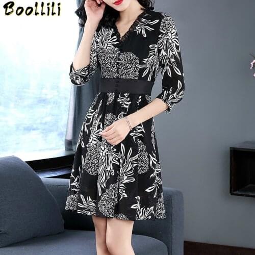 Boollili Women Dress Elegant Print Dress Vintage Floral Spring Summer Dresses Chiffon Vestido Black Vestidos Verano