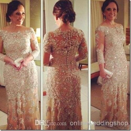 Scoop Appliques Champagne Tulle Mermaid Long Sleeve Evening party prom gown 2018 Vestido De Festa Mother of the Bride Dresses