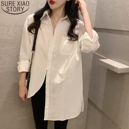Casual Plus Size Loose Shirts White Shirt Women Long Shirt Cotton Hong Kong Style Ladies Tops Long Sleeve Shirt Clothes 13511