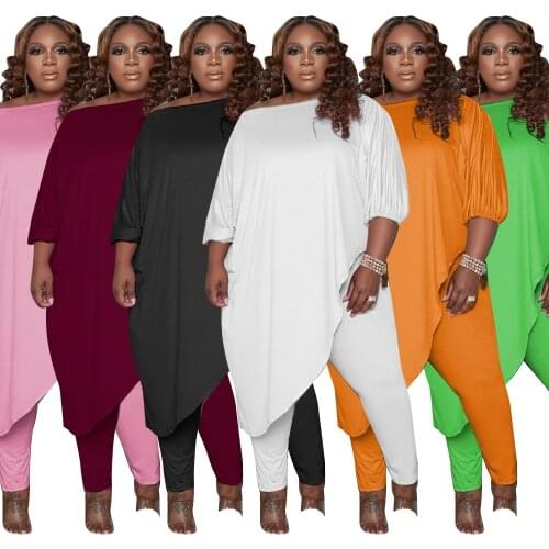Plus Size Sets Fashion Urban Motion Wind Pure Color Loose Inclined Shoulder Half Sleeve Casual Clothing Wholesale Dropshipping