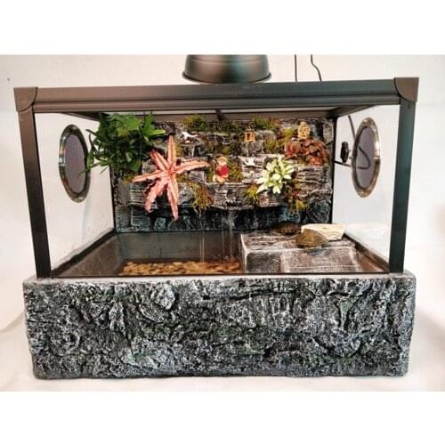Vivarium Paludarium Aquarium Turtle Tank with Background UVA Light Basking Platform Rainforest Kit with Brick Pattern Base