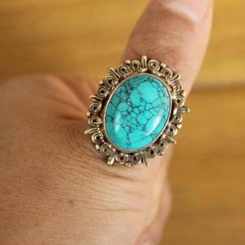RG339 Ethnic Tibetan Copper Big Turquoises Turkish Stone Rings Thumb Ring Handmade Nepal Jewelry