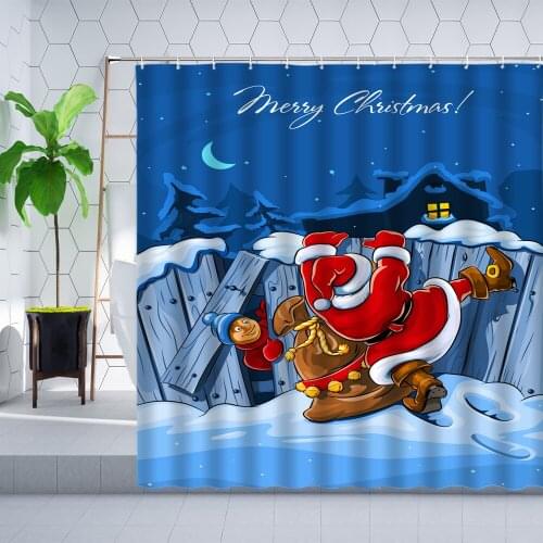 Christmas Shower Curtain Creative Fun Santa Claus Christmas Tree Festival Party Decor Wall Cloth Red Curtain Bathroom Screen Set