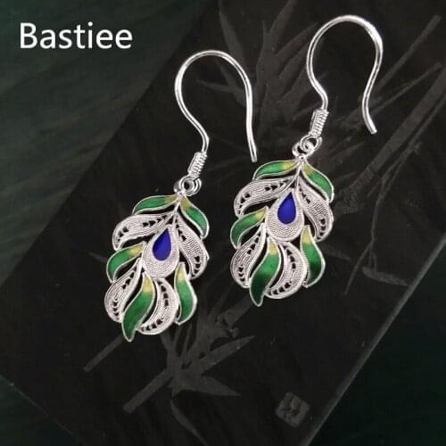Bastiee Peacock Feather 999 Sterling Silver Earrings For Women Drop Earring Hmong Handmade Luxury Jewelry Ethnic Vintage Green