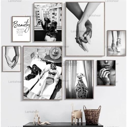 Nordic Black White Dalmatian Holding Hands Beach Girl Monky Moderm Canvas Wall Art Love Painting Picture Living Room Home Decor