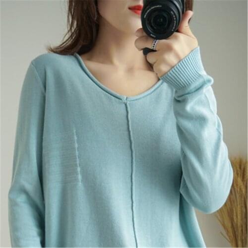 Pure Cotton Women Knitted Sweater Skin Friendly Elastic Soft Female Pullover V-Neck Long Sleeve Sweat Breathable Jumpers ZY5685