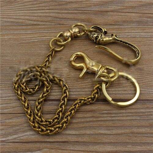 Solid brass knitted chain snap/skull hook with key ring 45/60cm DIY leather wallet decoration hardware