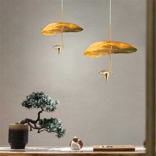 Vintage Zen Lotus Leaf Pendant Lights Gold Lustre Art Deco All-copper Hanging Lamps Restaurant Tea Room Store Study Bar Lighting