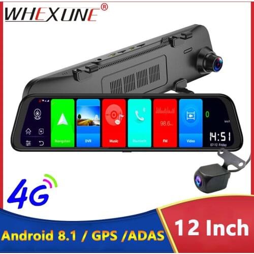WHEXUNE 12 Inch Android 8.1 Car DVRs Camera GPS Navi Bluetooth FHD 1080P Rearview Mirror Recorder 4G Wifi ADAS Dash cam 2GB+32GB