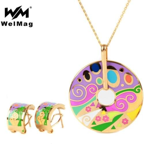 WelMag Elegant Jewelry Sets for Women Flowers Printing Stainless Steel Golden Plated Necklace Earrings 2020 Dropship