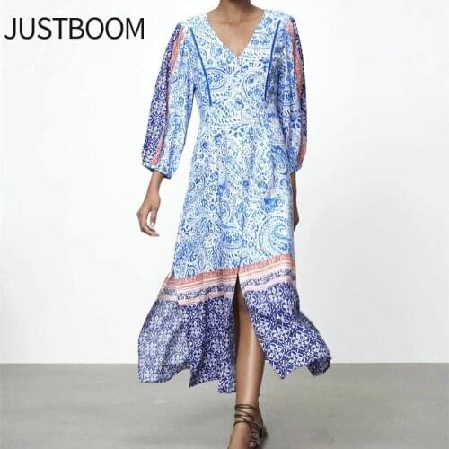 Womens Long Skirt Printed V-neck Long Sleeve Split Blue Skirt Geometric Pattern Striped Retro Roman Dress