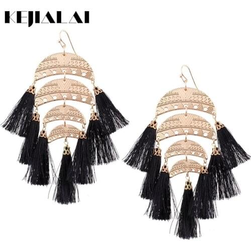 KEJIALAI Statement Earrings Tassel Drop Dangle Earrings for Women Metal Big Bohemia Earring Carve Vintage Ethnic Jewelry QDE0350