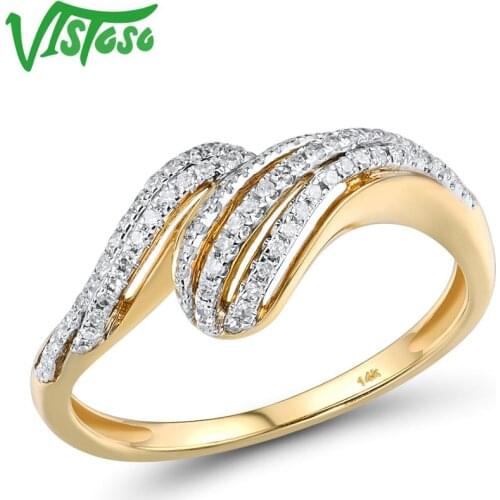 VISTOSO Genuine 14K 585 Yellow Gold Ring For Women Sparkling Diamonds Curved Ring Unique Engagement Anniversary Fine Jewelry