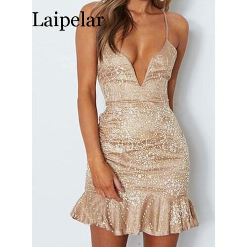 Bodycon Dress Women Backless V Neck Strappy Plunge Sundress Slim Waist Ladies Party Club Brozing Lace Short Mermaid Dresses