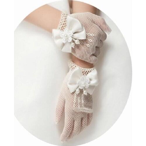 1 Pair Girls Cream Lace Pearl Fishnet Gloves For First Communion Wedding Party