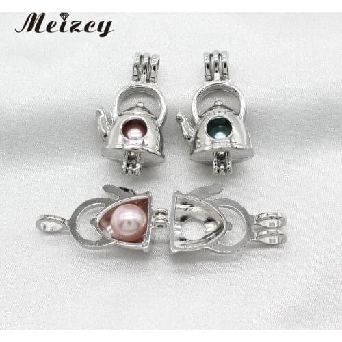 10pcs Silver Color Teapot Kettle Pearl Cage Lockets Essential Oil Diffuser Bead Cage Pendant Necklace Charms for Oyster Pearl