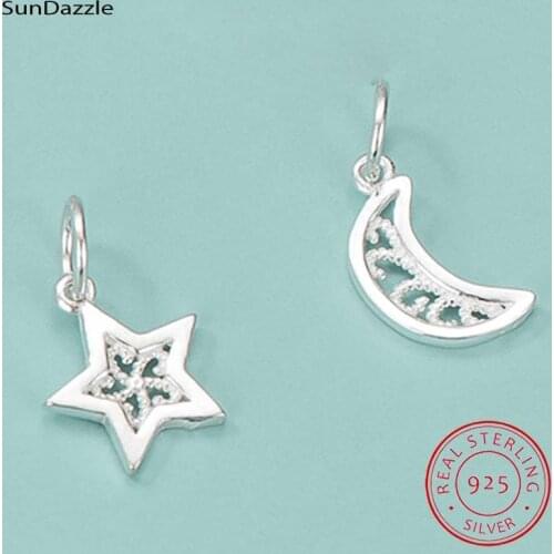 2pcs Genuine Real Pure Solid 925 Sterling Silver Pendant Pentagram Star Moon Suspension DIY Jewelry Making Findings Charms