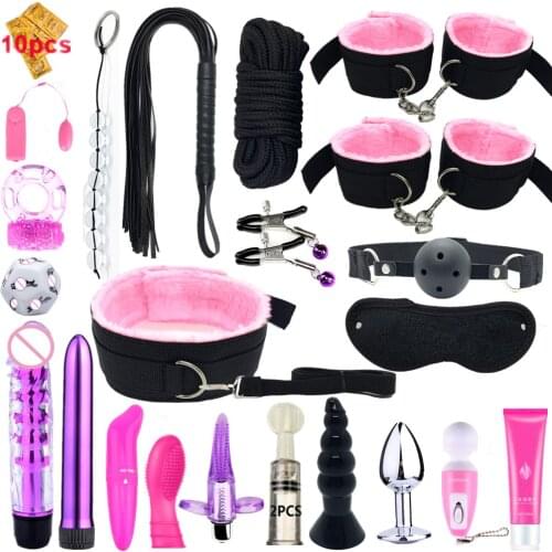 23PCS BDSM Bondage Kit Fluffy Collar Set Couples Bundled Sex Toys Adult Erotic Game Bed Bundled Furniture Handcuffs Whip Tools