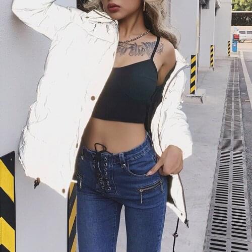 BKLD INS Trendy Fashion Coat Fall New Women Sliver Reflective Casual Warm Zipper Button Stand Collar Long Cotton Loose Coat 2019