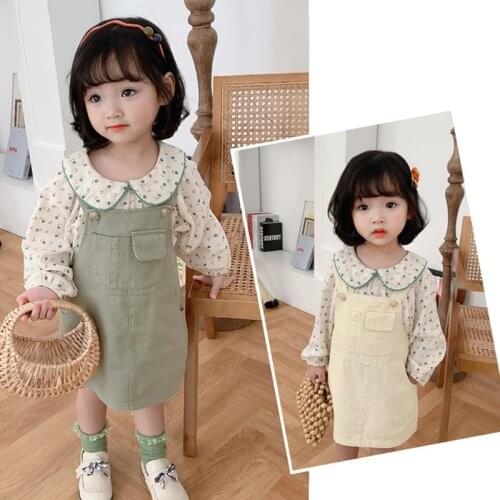 Childrens Sets Autumn 2021 New Kids Baby Clothing For Girls Doll Collar Floral Shirt + Strap Dress Two-piece Suit 1-5 Years Old